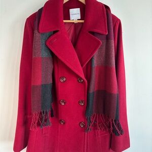 Wool Blend Double Breasted Pea Coat with Plaid Scarf Red